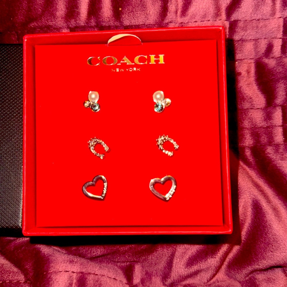 Coach Box Set of Signature Silver Stone Cluster & Heart Earrings Set